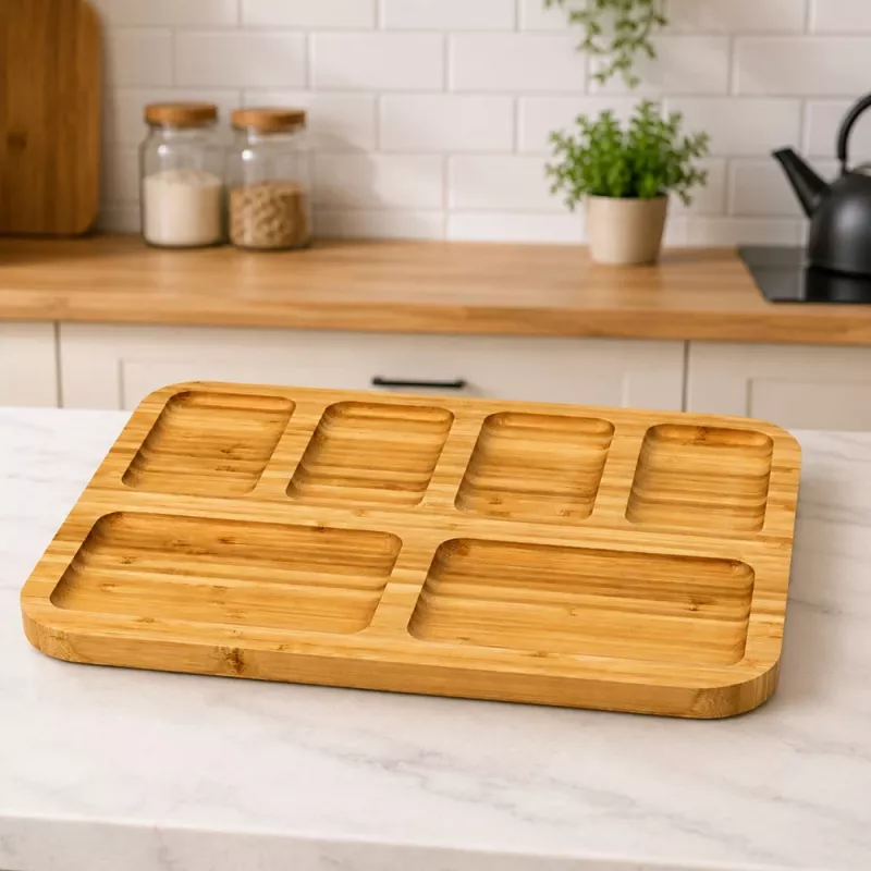 LEAN Bandeja de Bambú con Compartimentos para Servir 36 x 28cm