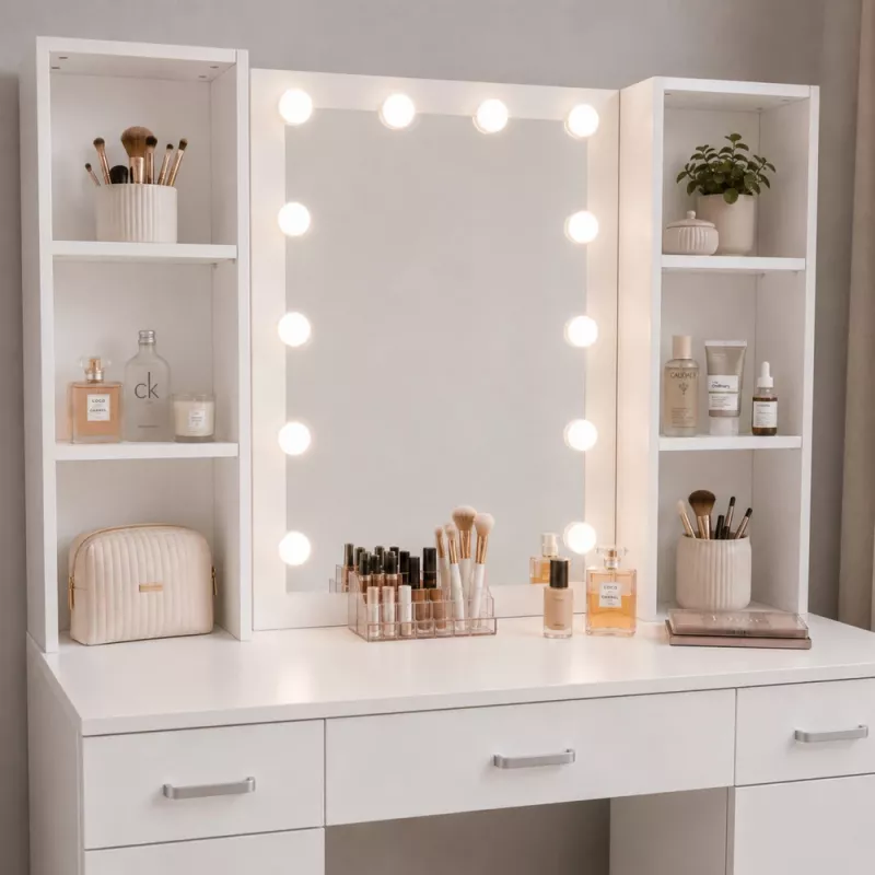 LEAN tocador de maquillaje con espejo LED, cajones y armario, blanco, 141x114x39 cm