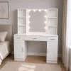 LEAN tocador de maquillaje con espejo LED, cajones y armario, blanco, 141x114x39 cm