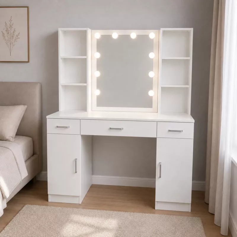 LEAN tocador de maquillaje con espejo LED, cajones y armario, blanco, 141x114x39 cm