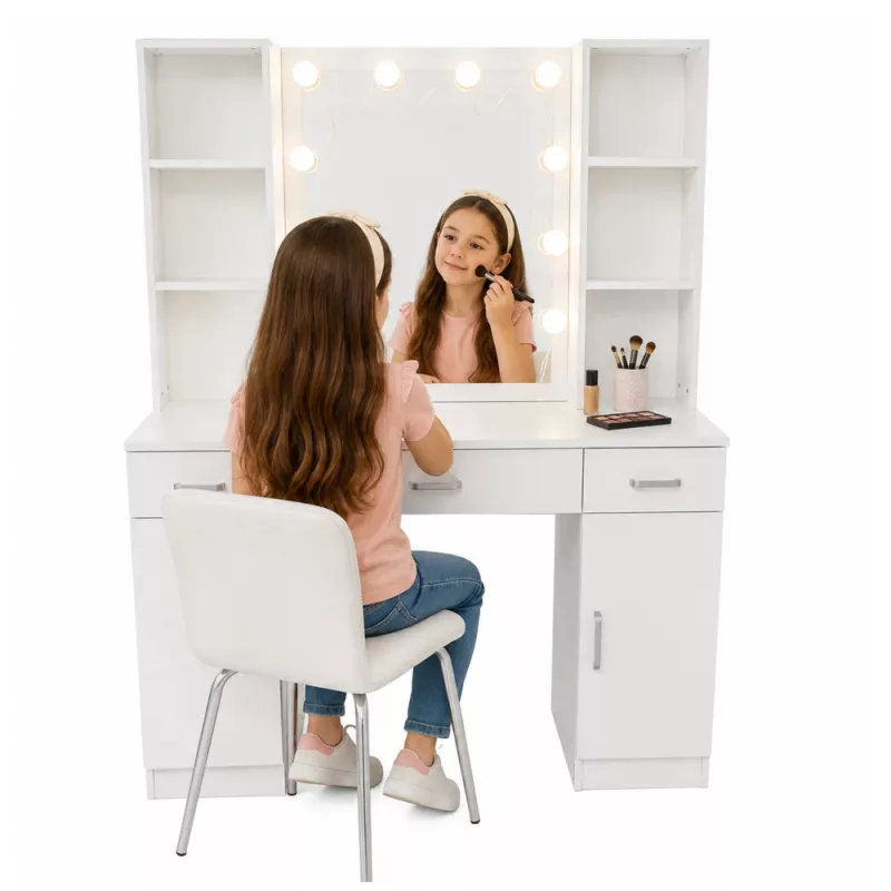 LEAN tocador de maquillaje con espejo LED, cajones y armario, blanco, 141x114x39 cm