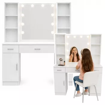 LEAN tocador de maquillaje con espejo LED, cajones y armario, blanco, 141x114x39 cm