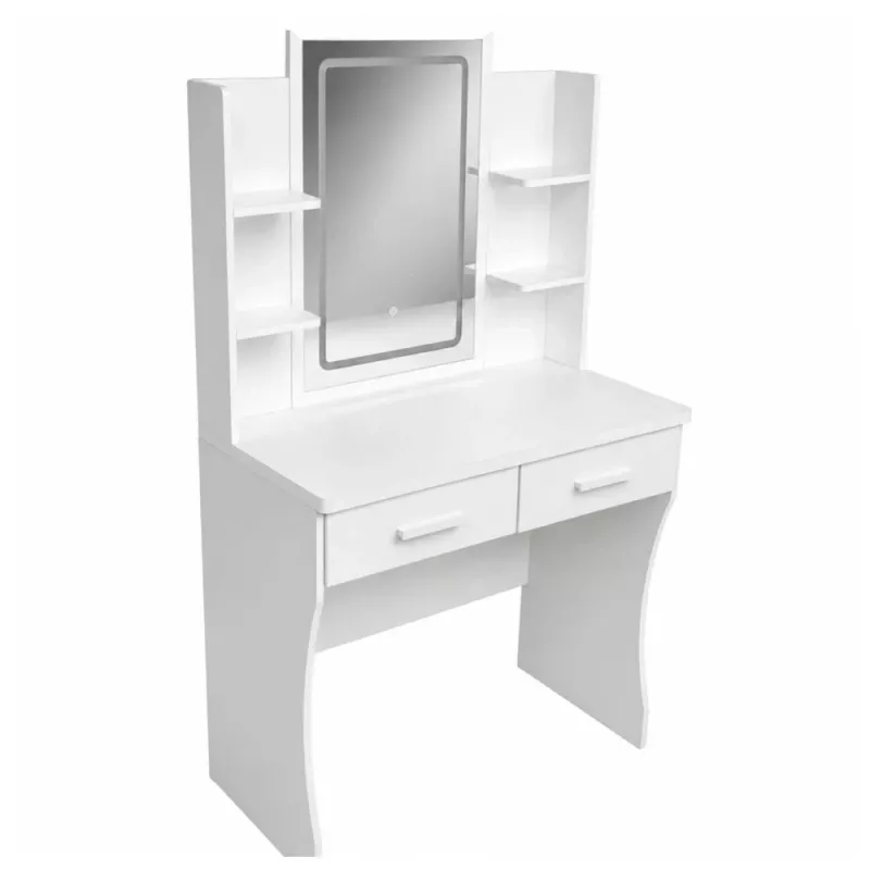 LEAN tocador de maquillaje con espejo LED, estantes, cajones, blanco 140x80x40 cm