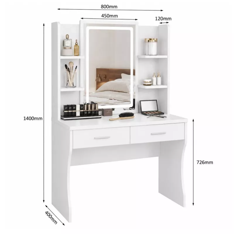LEAN tocador de maquillaje con espejo LED, estantes, cajones, blanco 140x80x40 cm