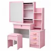 Tocador de maquillaje LEAN con espejo, 4 cajones, estantes y taburete, rosa 130x80x36 cm