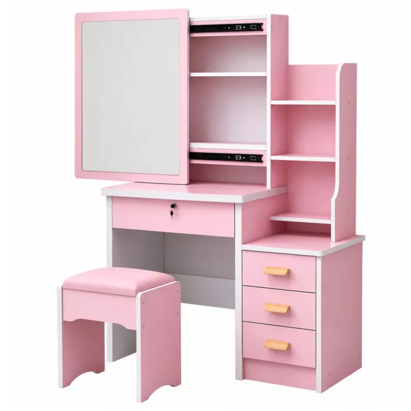 Tocador de maquillaje LEAN con espejo, 4 cajones, estantes y taburete, rosa 130x80x36 cm