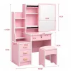 Tocador de maquillaje LEAN con espejo, 4 cajones, estantes y taburete, rosa 130x80x36 cm