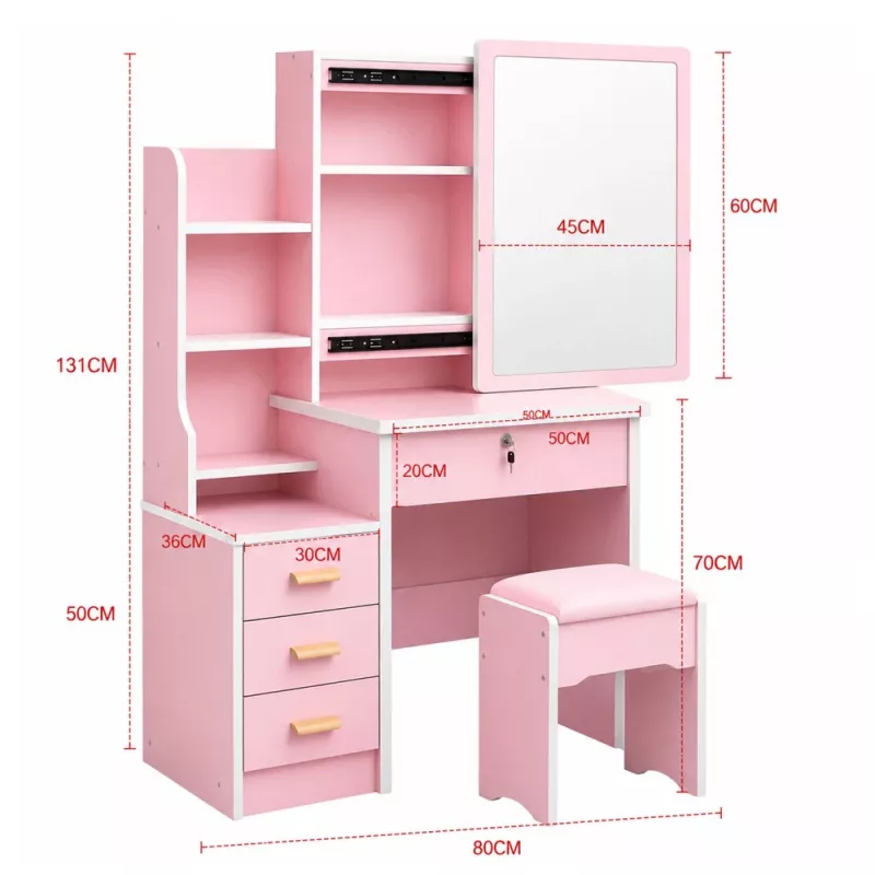 Tocador de maquillaje LEAN con espejo, 4 cajones, estantes y taburete, rosa 130x80x36 cm
