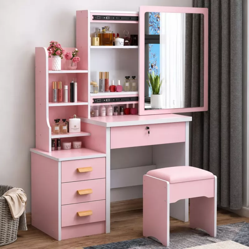 Tocador de maquillaje LEAN con espejo, 4 cajones, estantes y taburete, rosa 130x80x36 cm