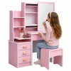 Tocador de maquillaje LEAN con espejo, 4 cajones, estantes y taburete, rosa 130x80x36 cm