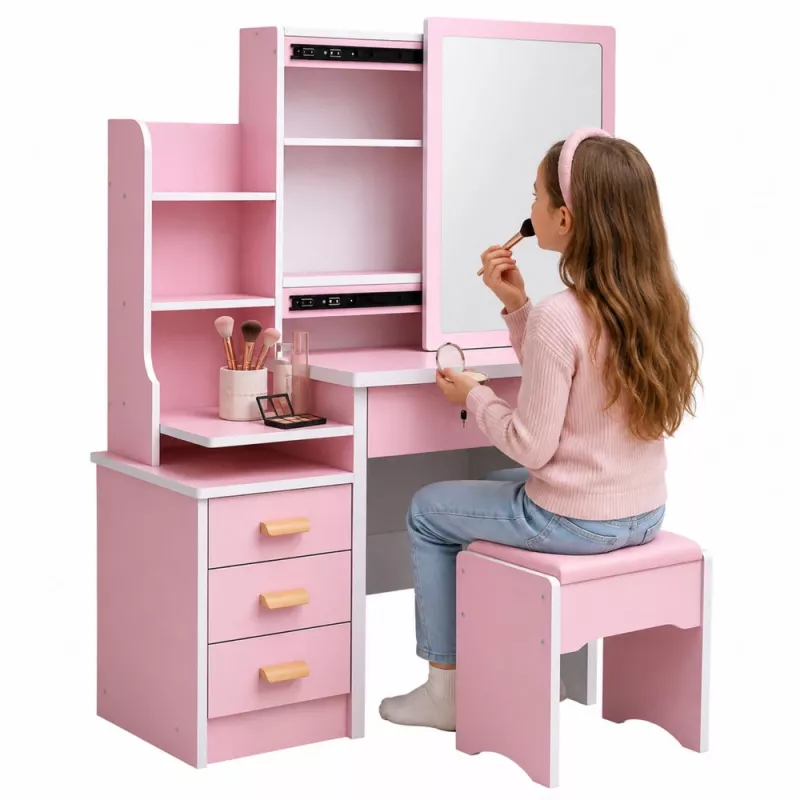Tocador de maquillaje LEAN con espejo, 4 cajones, estantes y taburete, rosa 130x80x36 cm
