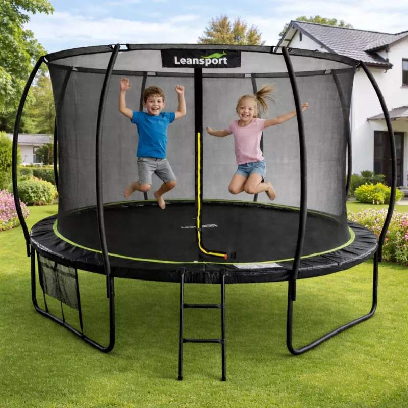LEAN Trampolín de jardín con red interior negro y verde 366CM 12FT