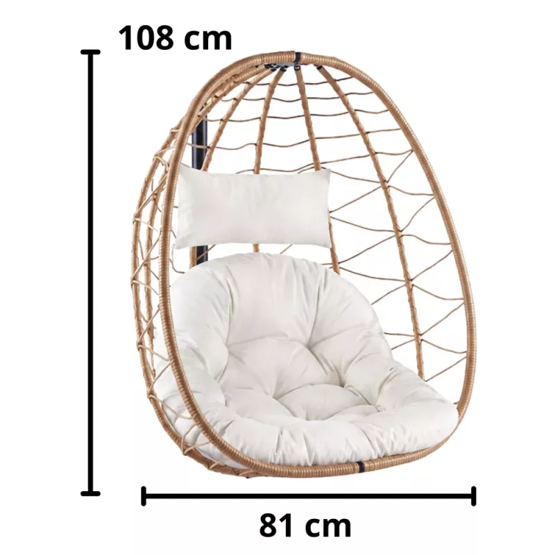 LEAN Silla colgante de jardín tipo huevo con cojines, estructura marrón