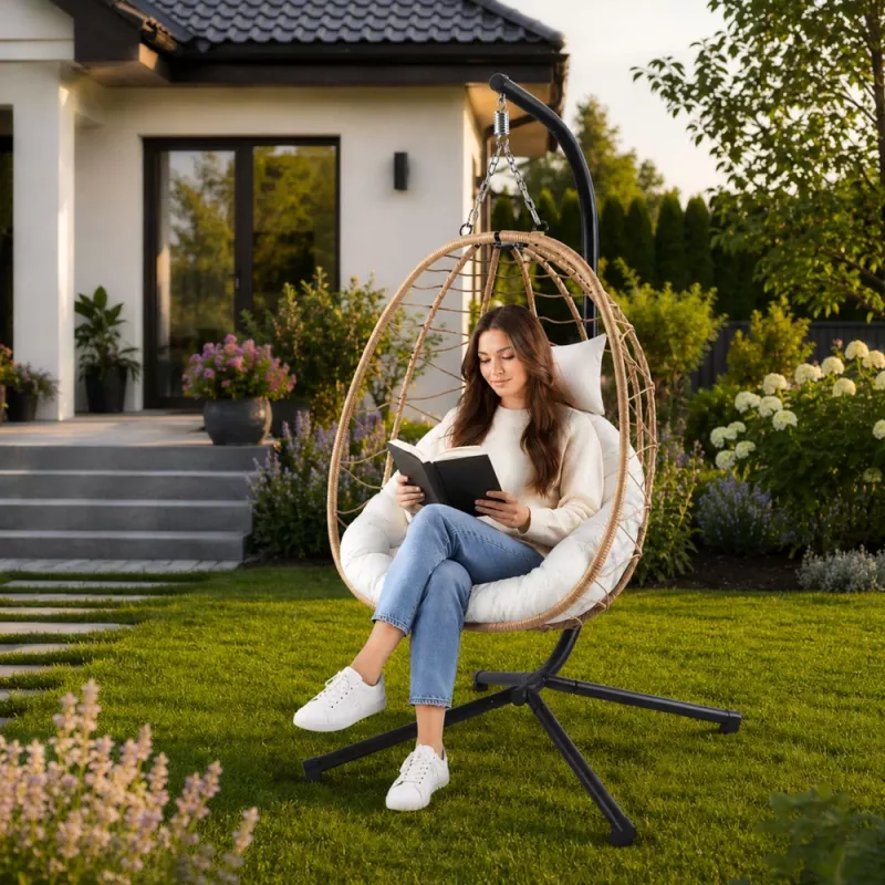 LEAN Silla colgante de jardín tipo huevo con cojines, estructura marrón