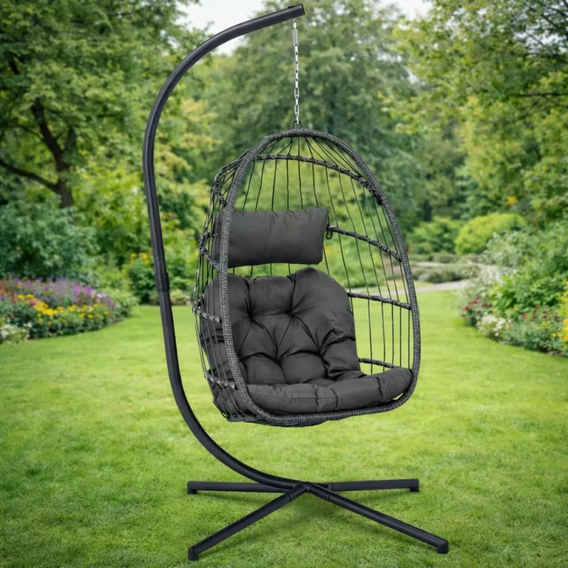 LEAN Silla colgante de jardín tipo huevo con cojines, estructura gris