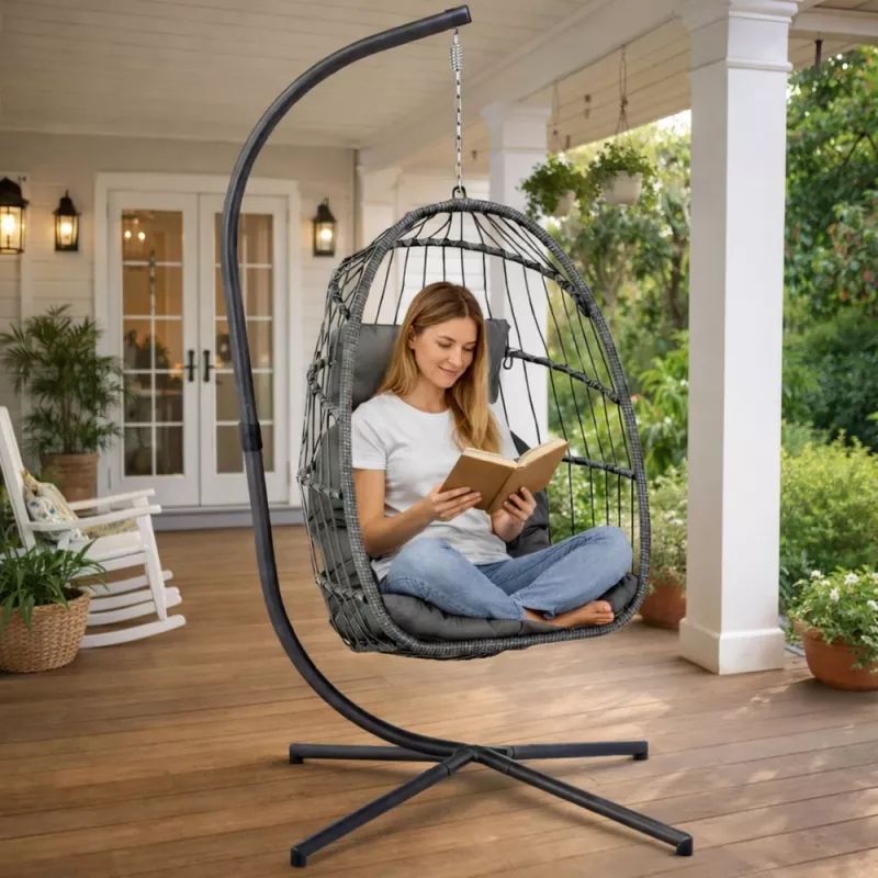 LEAN Silla colgante de jardín tipo huevo con cojines, estructura gris