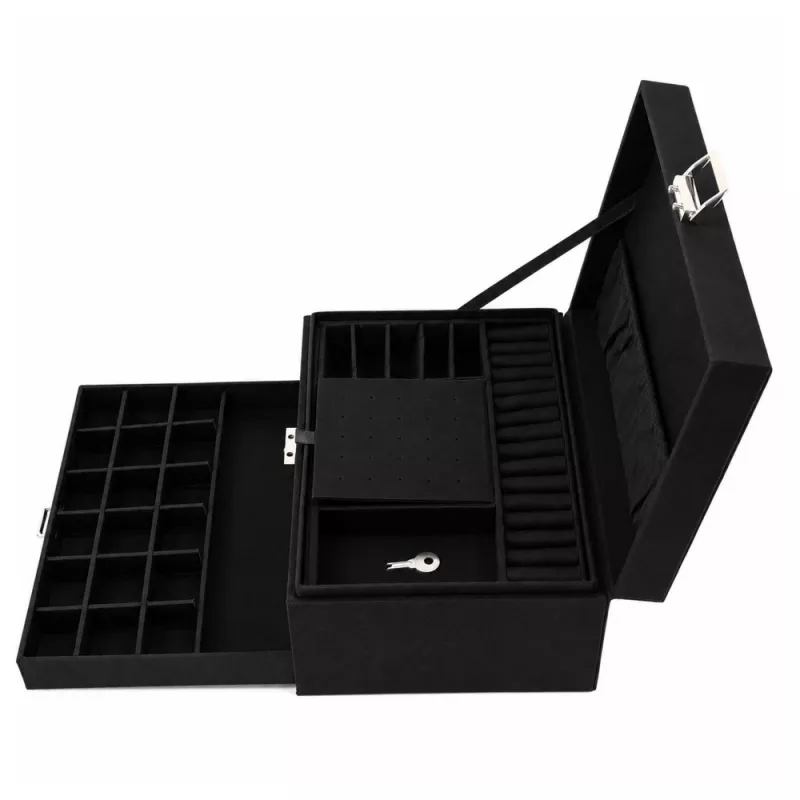 LEAN Joyero organizador con cajón y llave, terciopelo negro