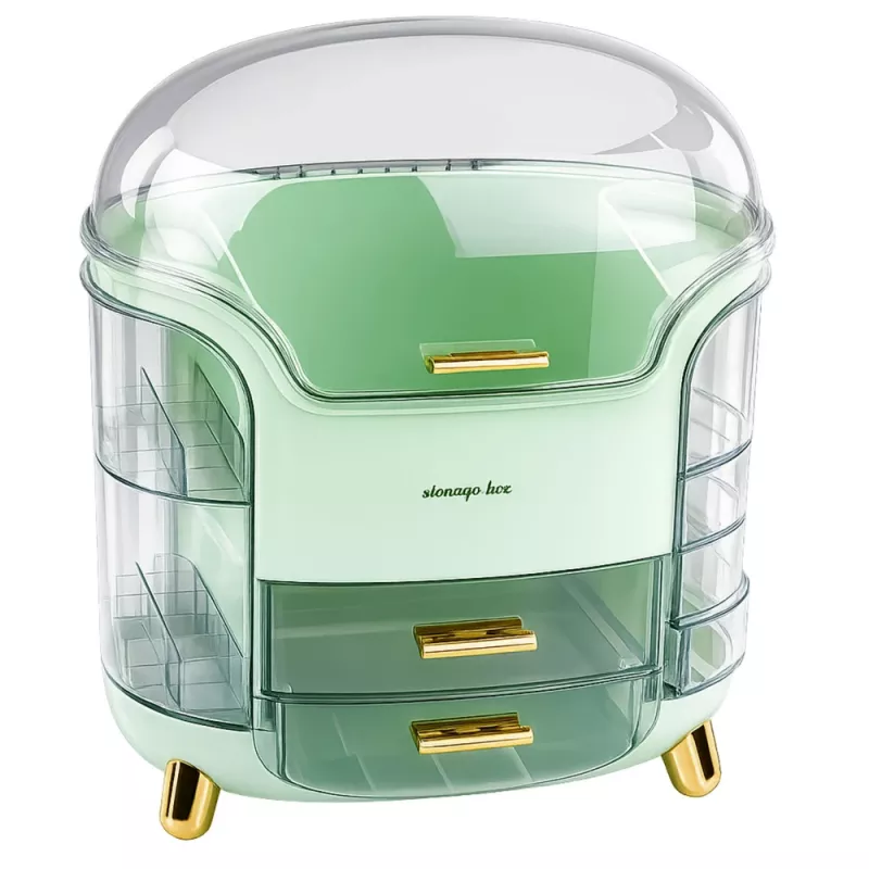 Organizador de cosméticos grande LEAN con 2 niveles, 3 cajones y tapa transparente, verde
