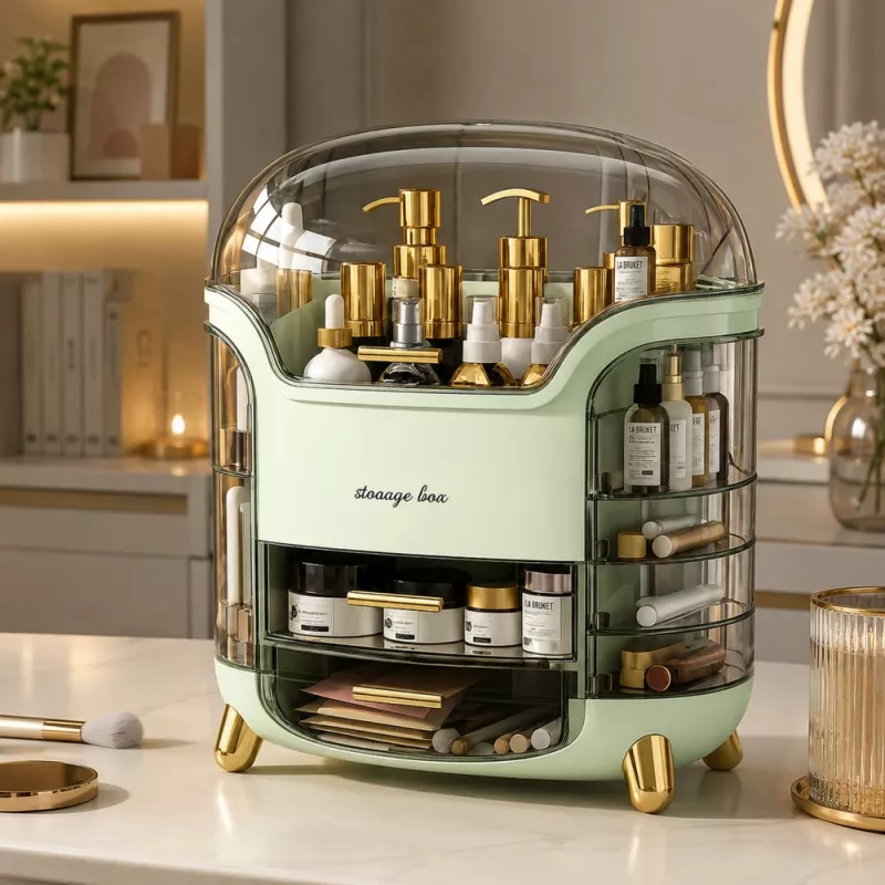 Organizador de cosméticos grande LEAN con 2 niveles, 3 cajones y tapa transparente, verde