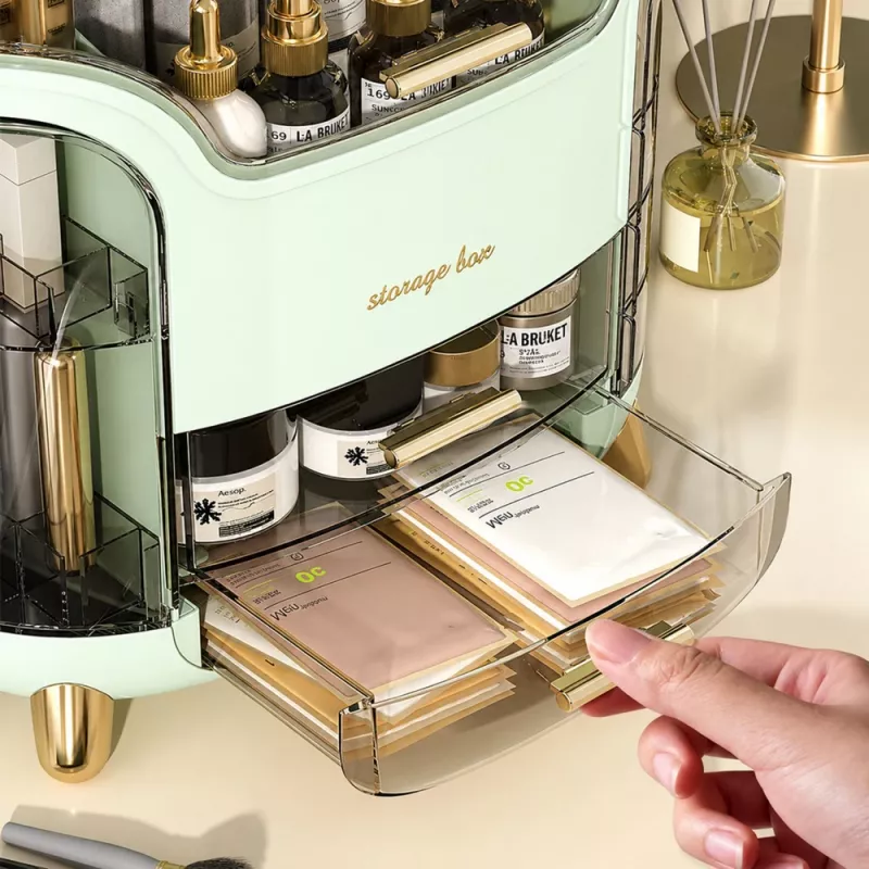Organizador de cosméticos grande LEAN con 2 niveles, 3 cajones y tapa transparente, verde