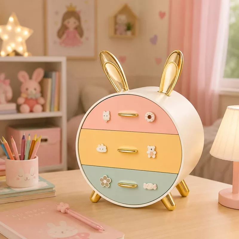LEAN Organizador con cajones para joyas, caja de escritorio de 3 cajones, conejo