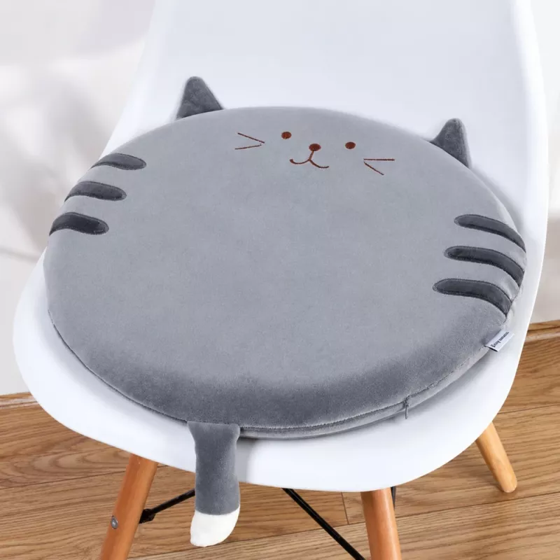 LEAN Cojín redondo de peluche para silla gato gris asiento suave 40 cm