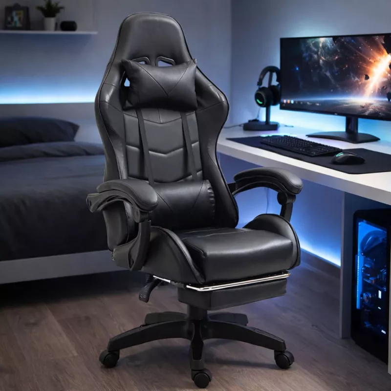 LEAN Silla de oficina y gaming giratoria con reposapiés y cojines, Negro