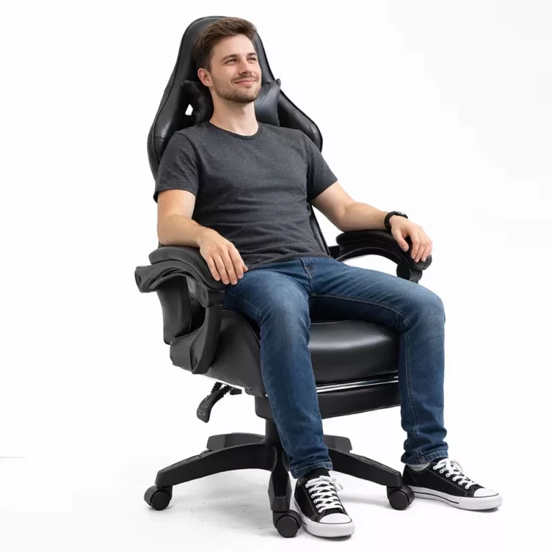 LEAN Silla de oficina y gaming giratoria con reposapiés y cojines, Negro