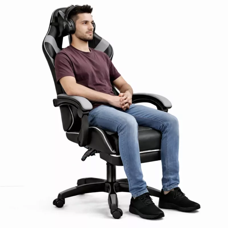 LEAN Silla de oficina y gaming giratoria con reposapiés y cojines Negro y gris