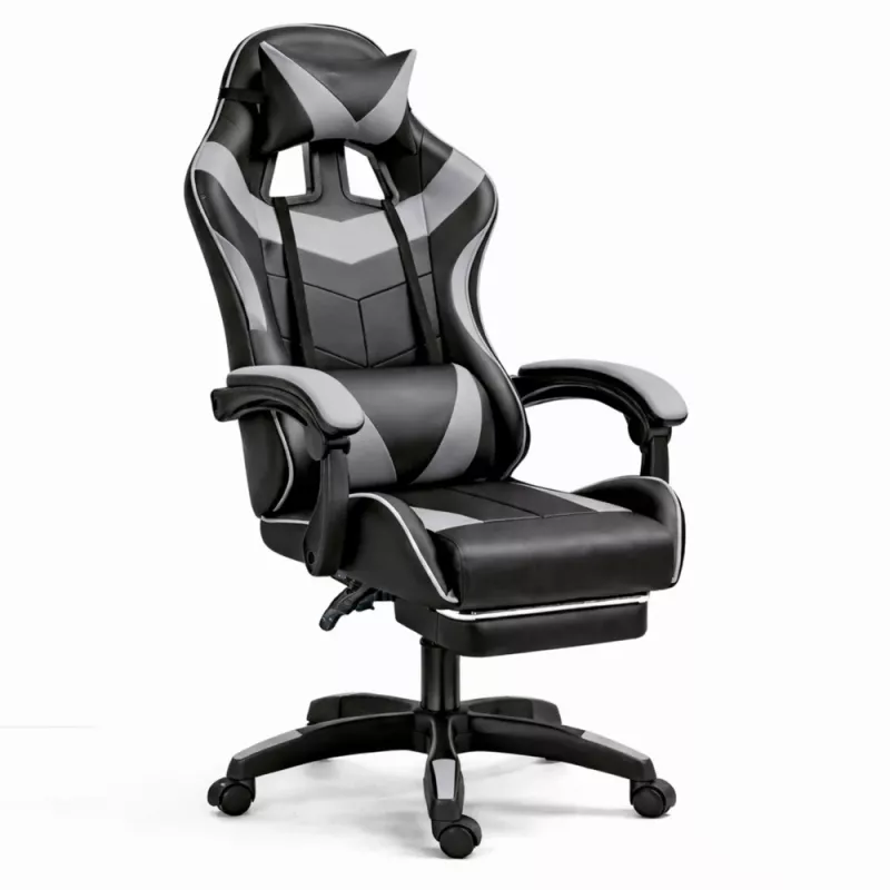 LEAN Silla de oficina y gaming giratoria con reposapiés y cojines Negro y gris