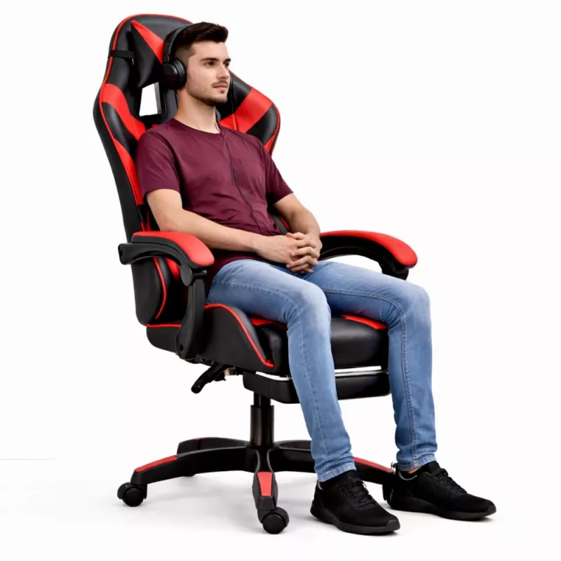 LEAN Silla de oficina y gaming giratoria con reposapiés y cojines, Negro y rojo
