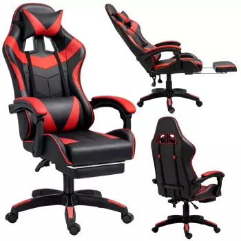 LEAN Silla de oficina y gaming giratoria con reposapiés y cojines, Negro y rojo