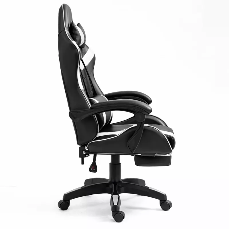 LEAN Silla de oficina y gaming giratoria con reposapiés y cojines, Negro y blanco