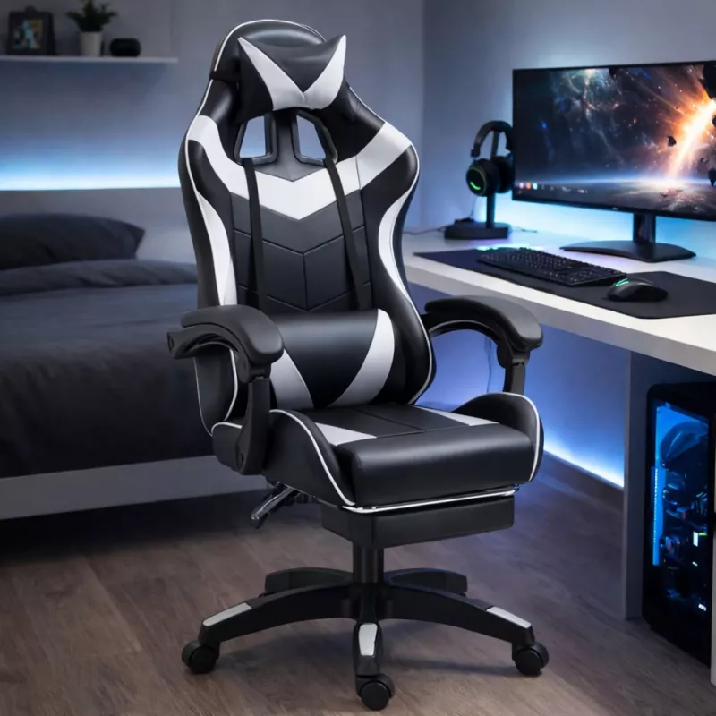 LEAN Silla de oficina y gaming giratoria con reposapiés y cojines, Negro y blanco