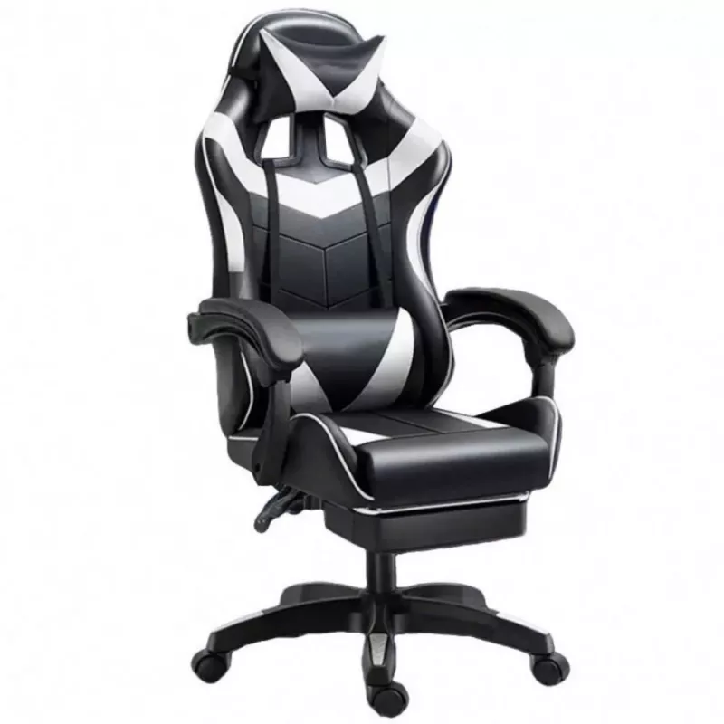 LEAN Silla de oficina y gaming giratoria con reposapiés y cojines, Negro y blanco