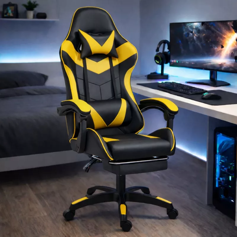 LEAN Silla de oficina y gaming giratoria con reposapiés y cojines, Negro y amarillo