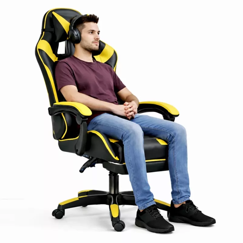 LEAN Silla de oficina y gaming giratoria con reposapiés y cojines, Negro y amarillo