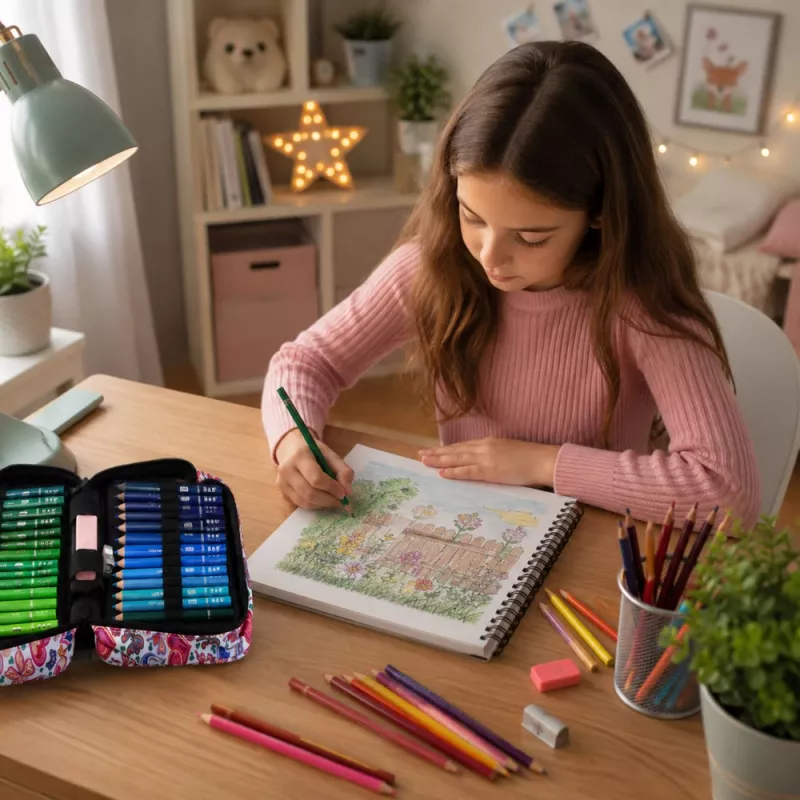 LEAN Estuche con tres compartimentos, libro para colorear con flores, sacapuntas, goma de borrar, lápices de colores - 72 piezas