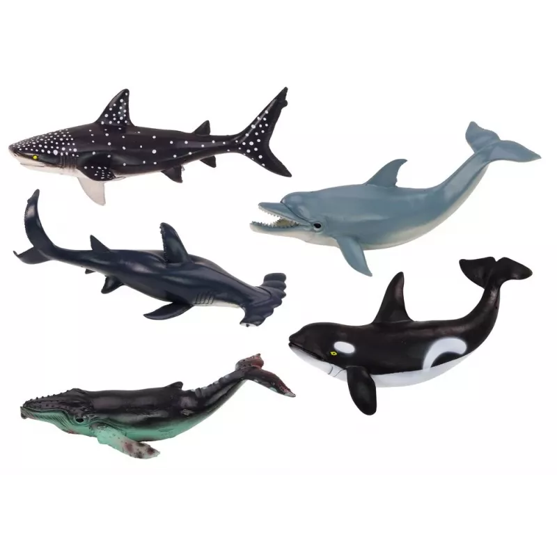 LEAN TOYS 17521 Set de 6 figuras de animales marinos - Orca, Tiburón, Ballena, Delfín, Tortuga y Manta - Multicolor