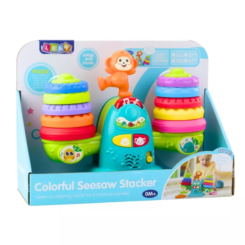 LEAN TOYS 23009 Balanza de aprendizaje interactiva mono para niños pequeños - 20 bloques, sonidos y melodías