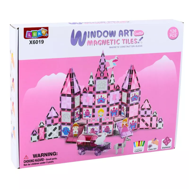 LEAN TOYS 25282 Set de bloques magnéticos con ventanas de colores y rotuladores rosas, 126 piezas, juguete creativo de arte