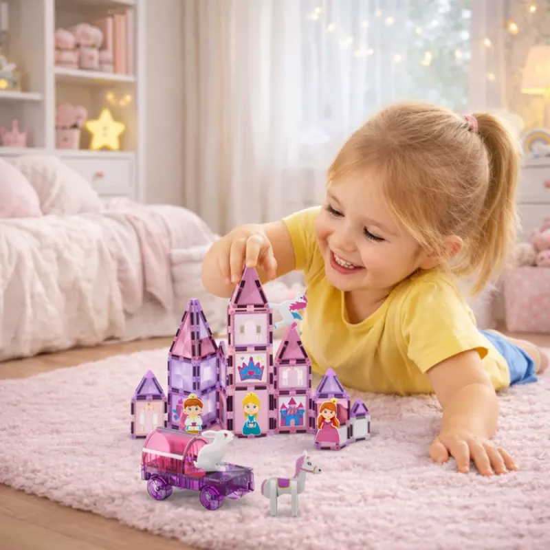 LEAN TOYS 25282 Set de bloques magnéticos con ventanas de colores y rotuladores rosas, 126 piezas, juguete creativo de arte