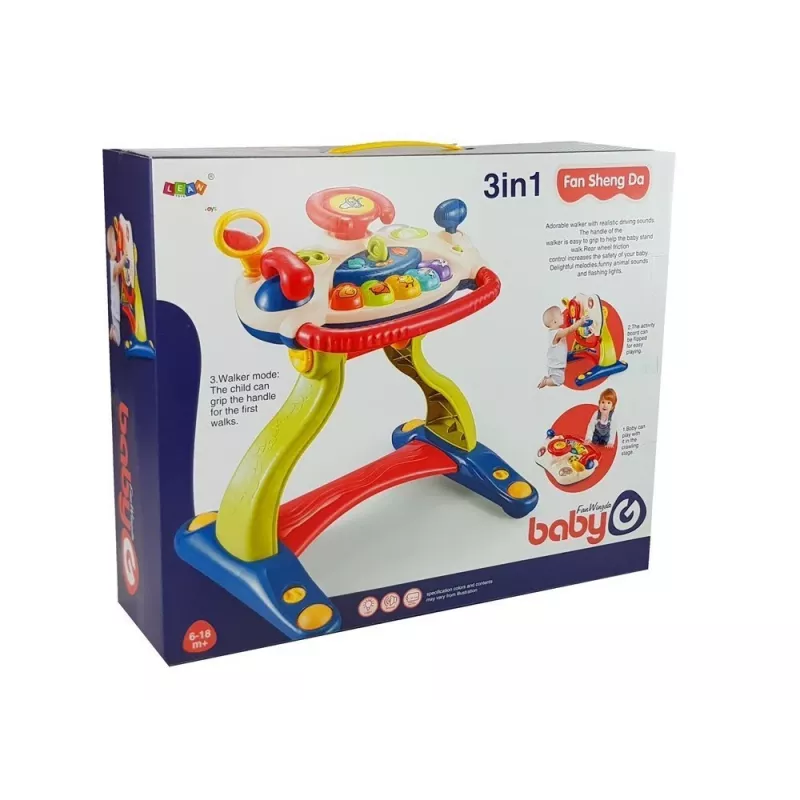 LEAN TOYS Cochecito bebé interactivo 3 en 1 con volante, sonido, melodías y motivos de animales