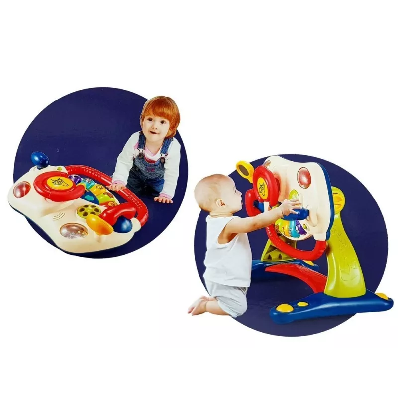 LEAN TOYS Cochecito bebé interactivo 3 en 1 con volante, sonido, melodías y motivos de animales