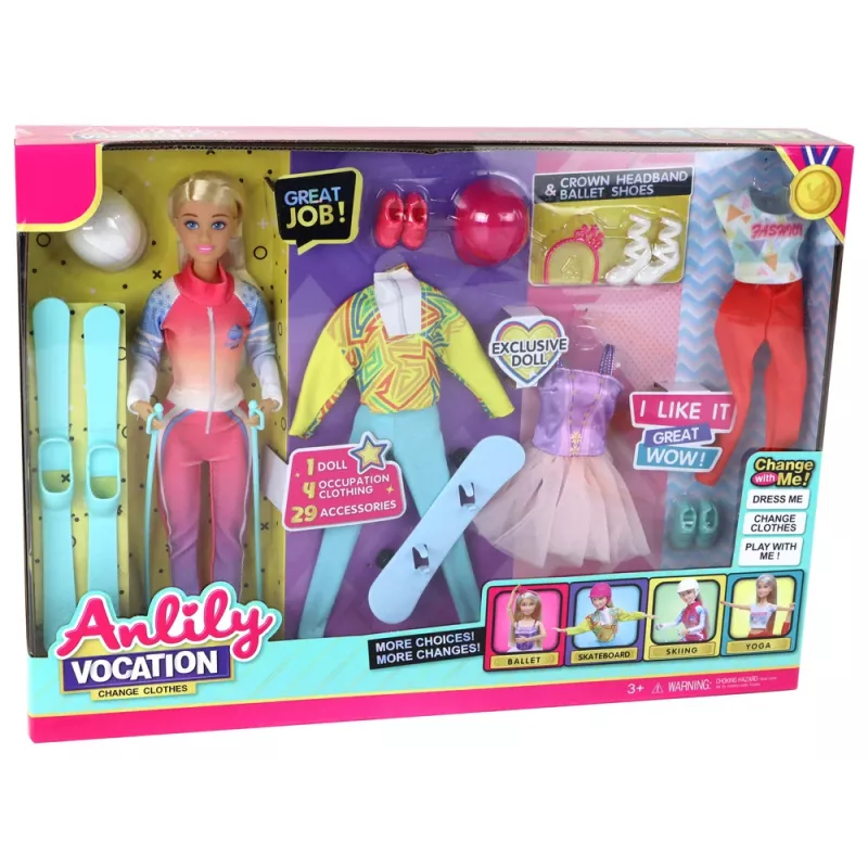 LEAN TOYS Muñeca Anlily niña con 4 accesorios de esquí deportivo