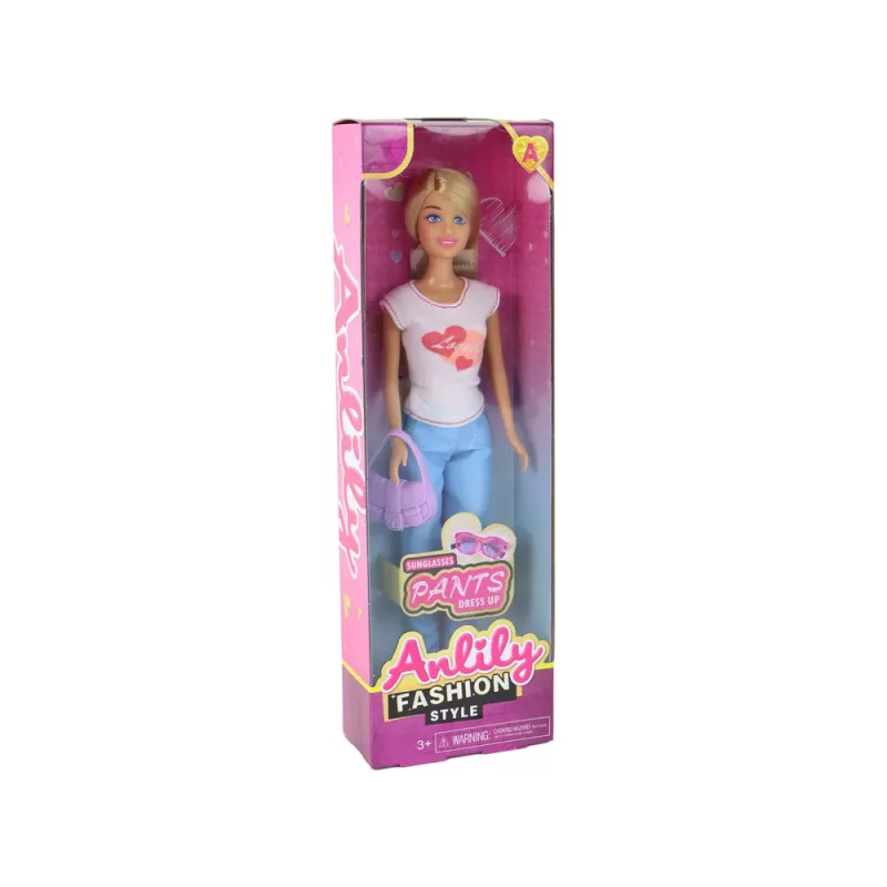 LEAN TOYS Muñeca infantil Anlily con largos cabellos rubios, bolso, gafas, blusa blanca