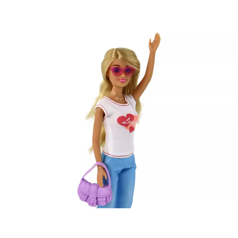 LEAN TOYS Muñeca infantil Anlily con largos cabellos rubios, bolso, gafas, blusa blanca