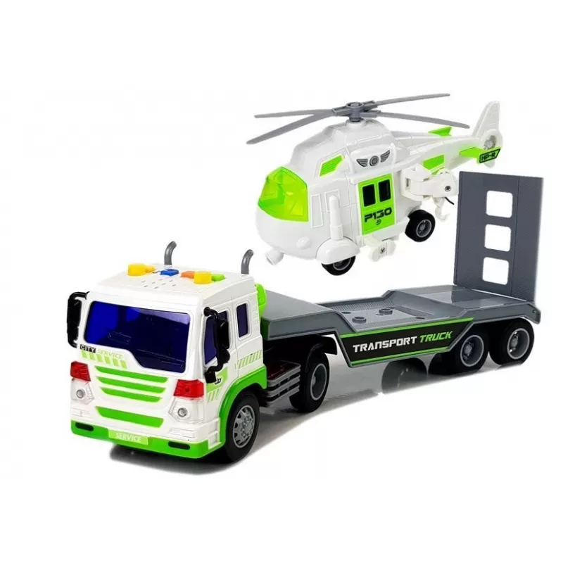 LEAN TOYS Camión portacoches a pilas 1:16 con helicóptero