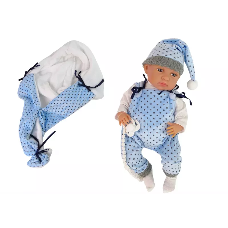 LEAN TOYS Muñeca bebé 46 cm chupete azul manta de estrellas