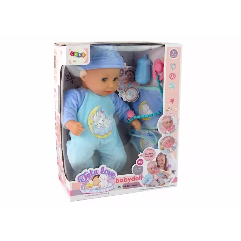 LEAN TOYS Muñeca bebé con sonido chupete babero azul pijama de gato